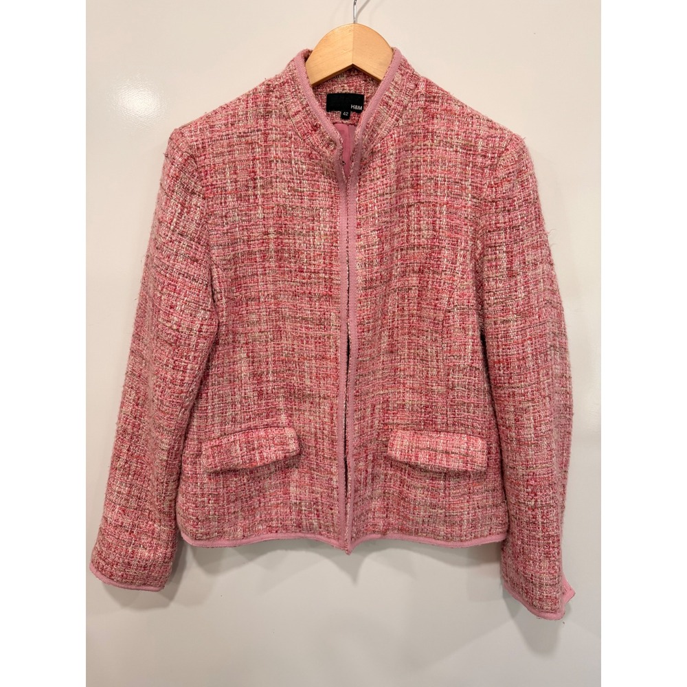 H&M Pink Tweed Blazer Jacket Stand Collar Textured Boucle Size 42